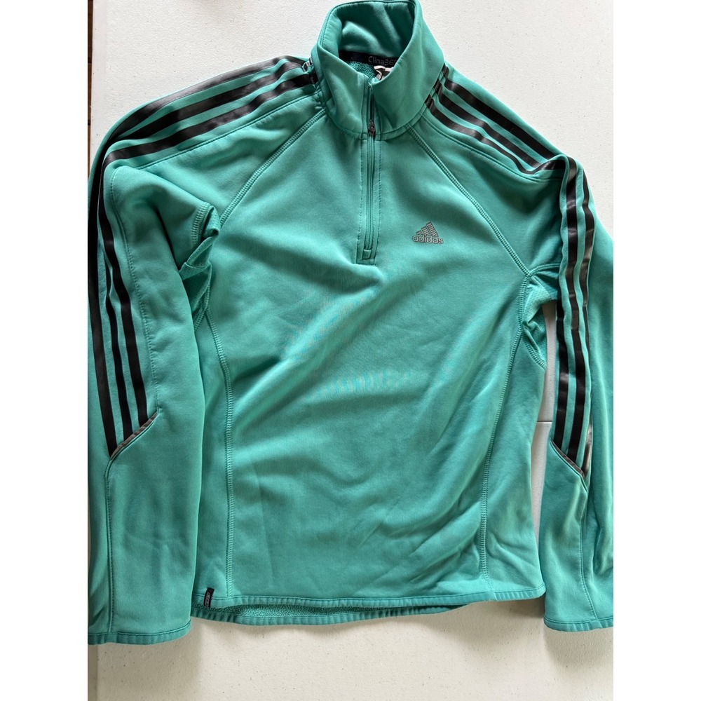 Adidas Clima365 Mens Teal Green Quarter Zip Fleece Pullover Sweatshirt Striped